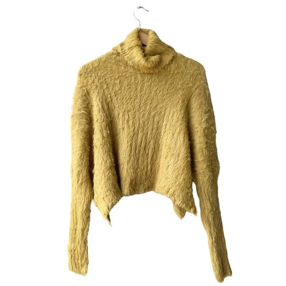 FREE PEOPLE Fuzzy Crop Sweater XS Mustard Faux Mohair Turtleneck Pullover Nylon - Picture 1 of 3